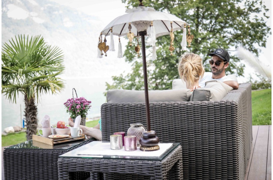 Gartensofa rundes Rattan Sitzpolster sandbraun