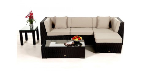 Rattan Gartenmöbel: Leonardo Lounge Schwarz, Überzug Beige